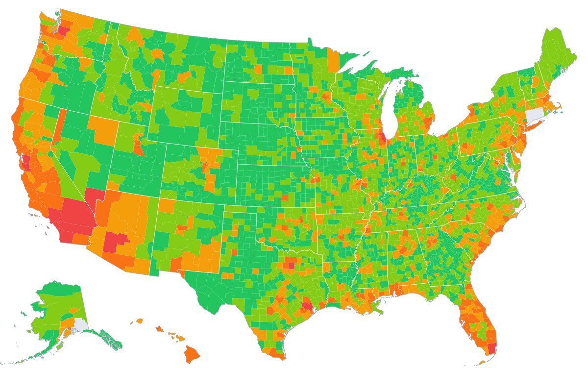 US natural disaster risk map — every county colored by FEMA National Risk Index rating